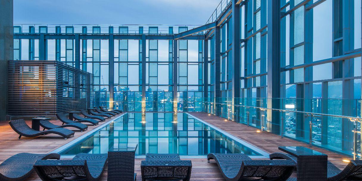 Picturesque rooftop swimming pool with a breathtaking view at Dongdaemun Novotel Ambassador Hotel.